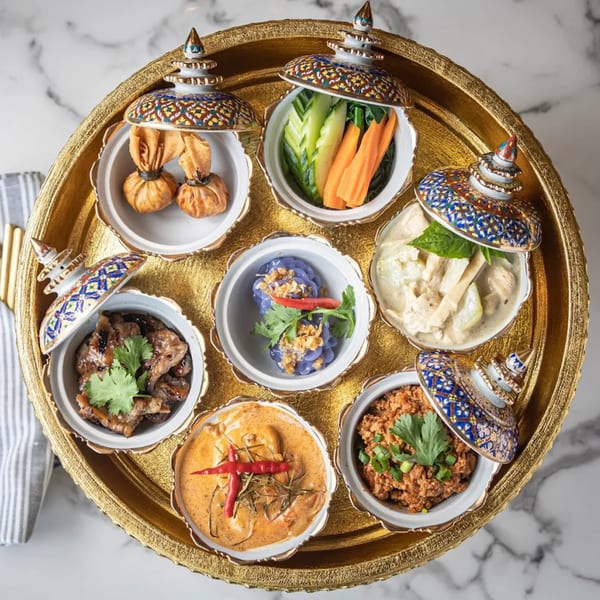 A golden tray holds seven small, ornate bowls of various Thai dishes, including curries and vegetables.